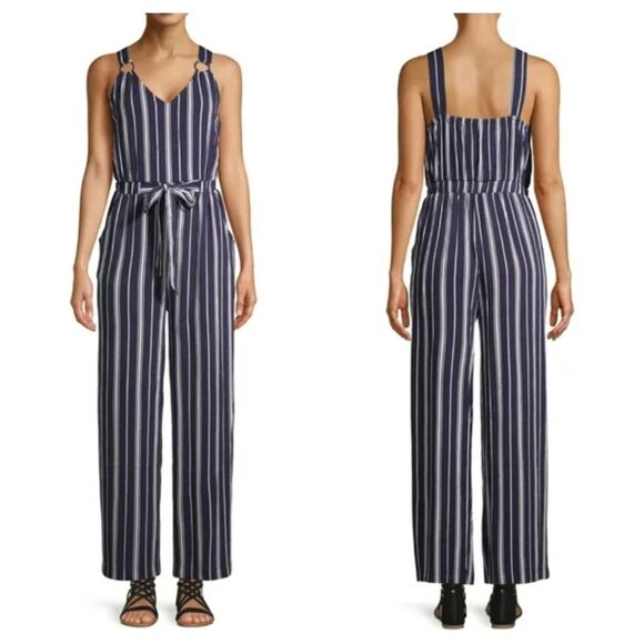 Derek Heart Blue White Striped Sleeveless Romper Jumpsuit Womens Large NEW - Picture 1 of 11